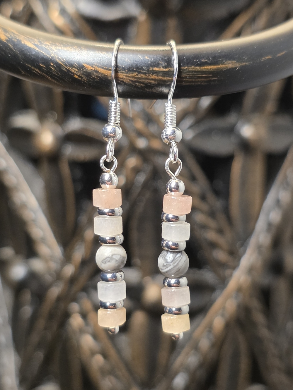 Violet Jasper, Map Jasper, Sterling Silver Beaded Drop Earrings